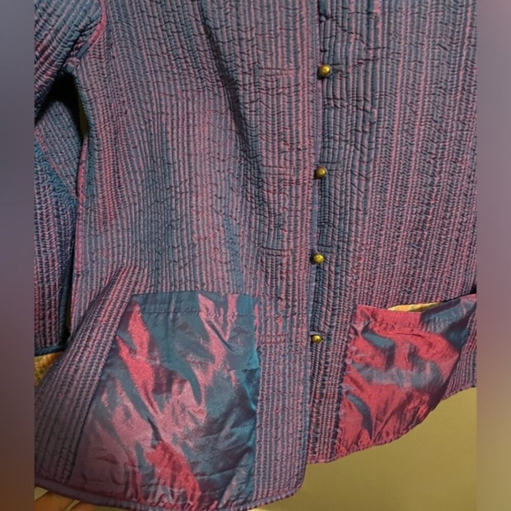 Sam Hilu silk quilted jacket reversible stunning florals fun buttons pockets M - Picture 3 of 8